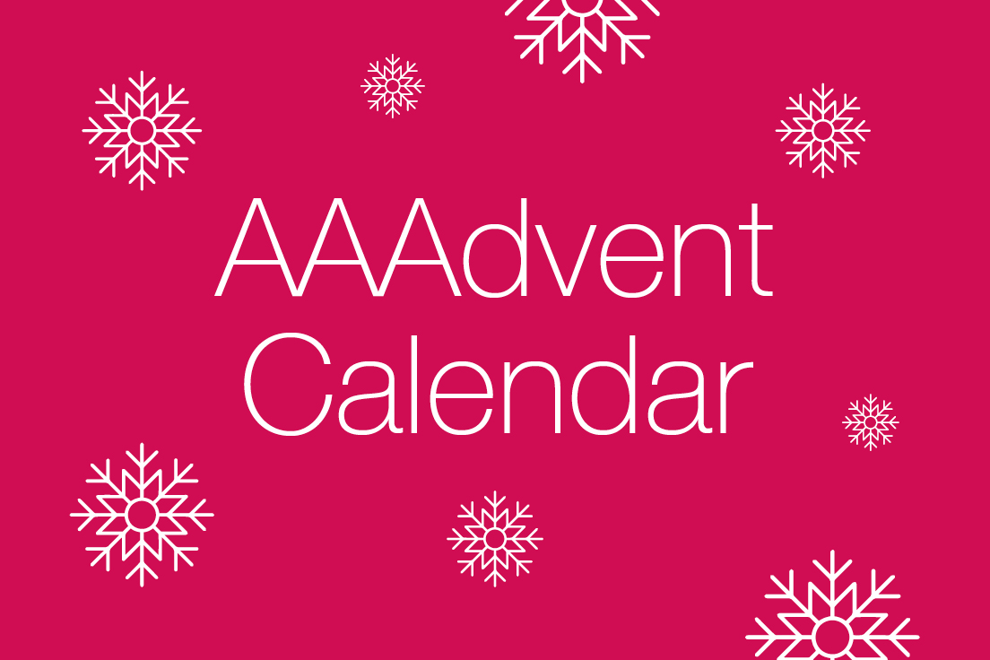Graphic with a red background and white snowflake icons. Text: AAAdvent Calendar