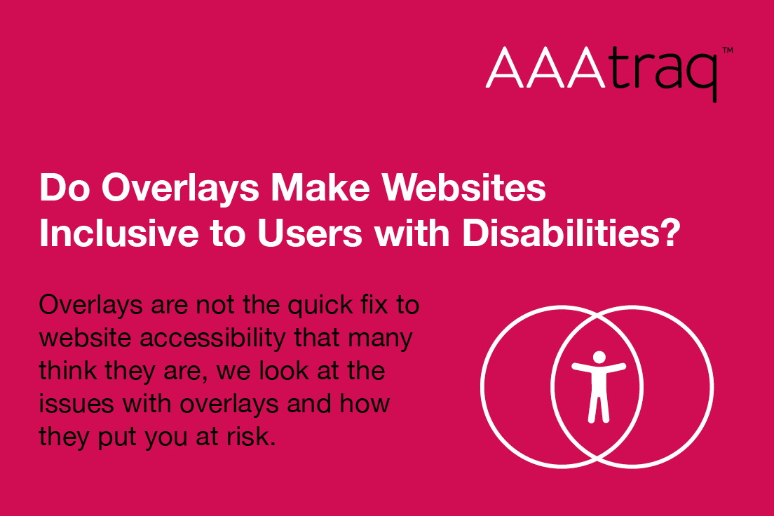 Infographic on pink background, AAAtraq logo, and two circles linked together with a person symbol inbetween and the text 'Do Overlays Make Websites Inclusive to Users with Disabilities?'