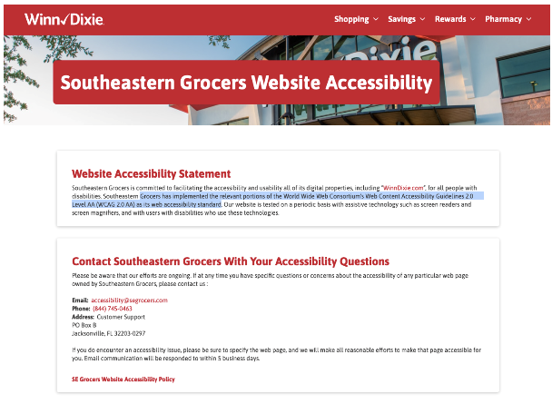 Southeastern Grocers website accessibility statement