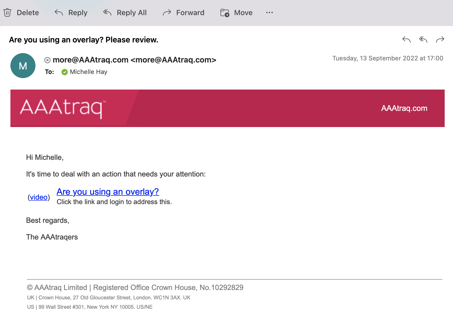 Screenshot of AAAtraq Priority Action Email