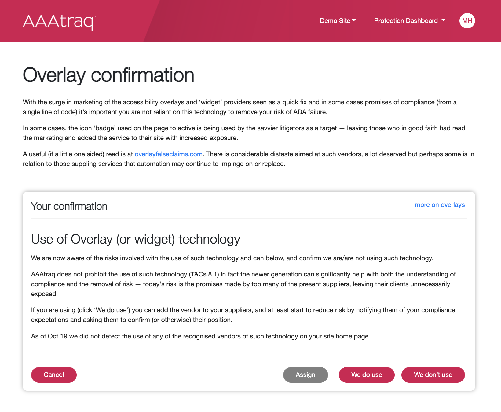 Screenshot of AAAtraq Dashboard Showing The 'Are you using an overlay action?'