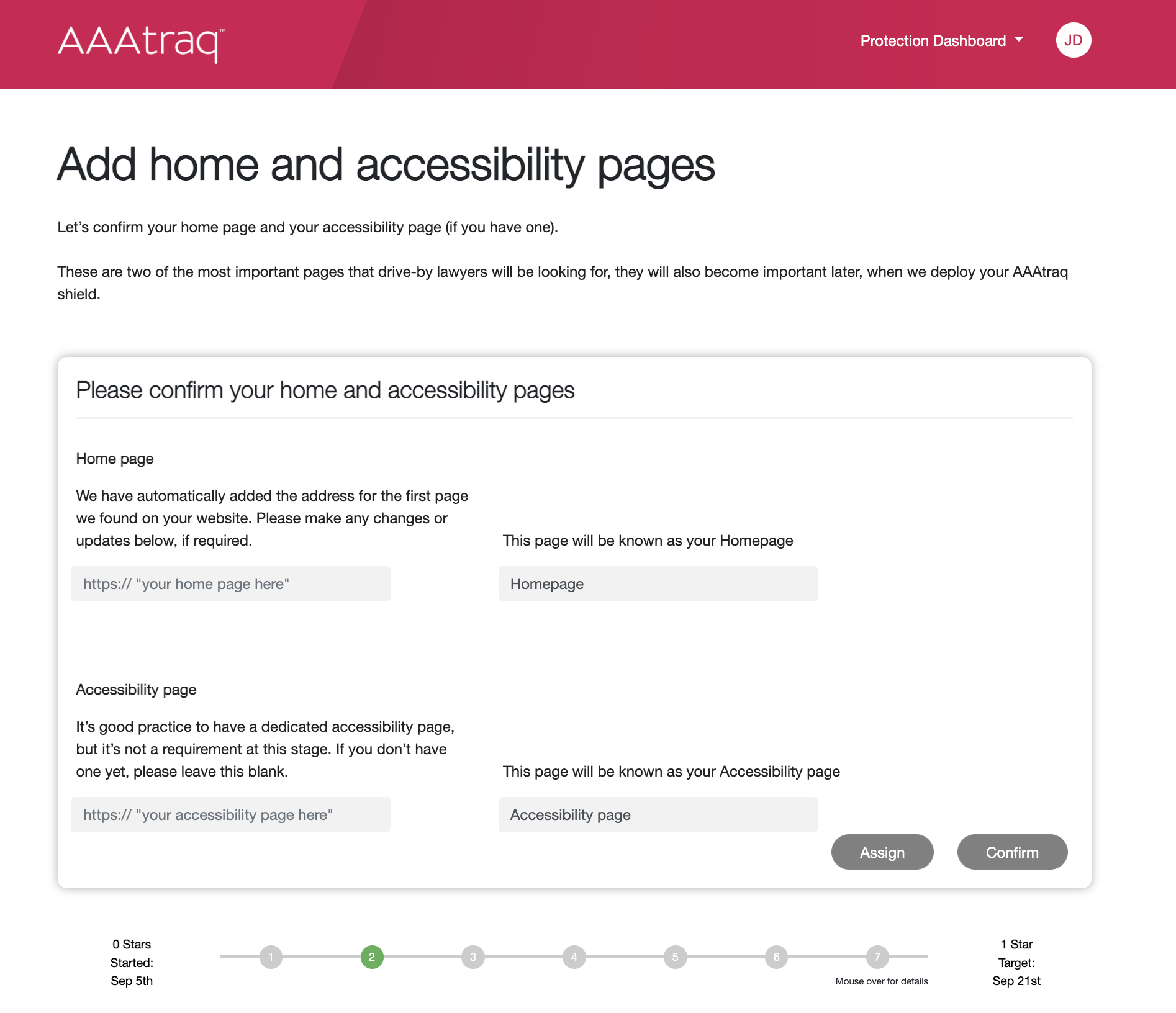 Screenshot of AAAtraq task to add Home and Accessibility Page