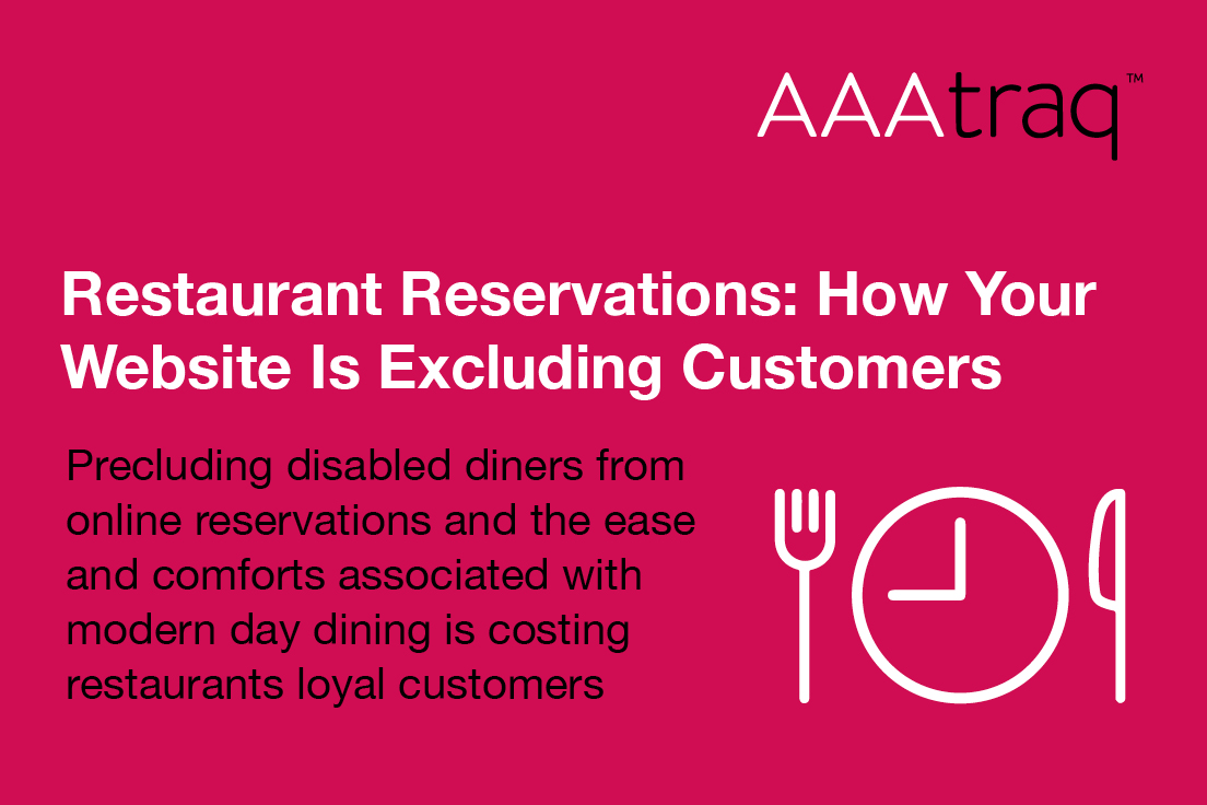 Infographic on pink background, AAAtraq logo, icon knife and fork with a plate with a clock face in it. Text: Restaurant Reservations: How Your Website Is Excluding Customers.