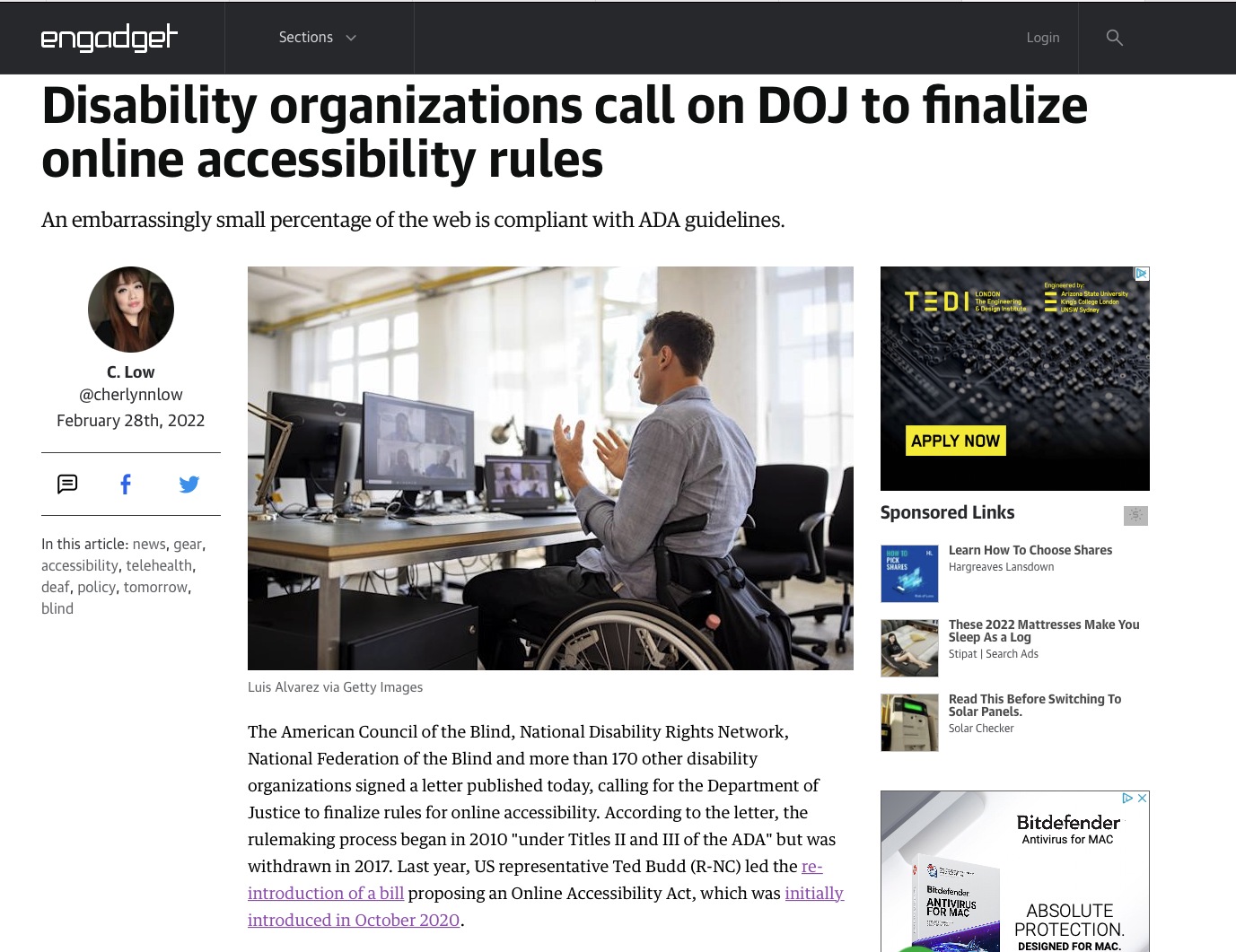 Website screenshot of the article 'DOJ to finalize online accessibility rules'