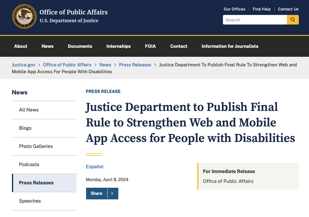 DoJ Website Page, DOJ Final ADA ruling, website accessibility, public entities