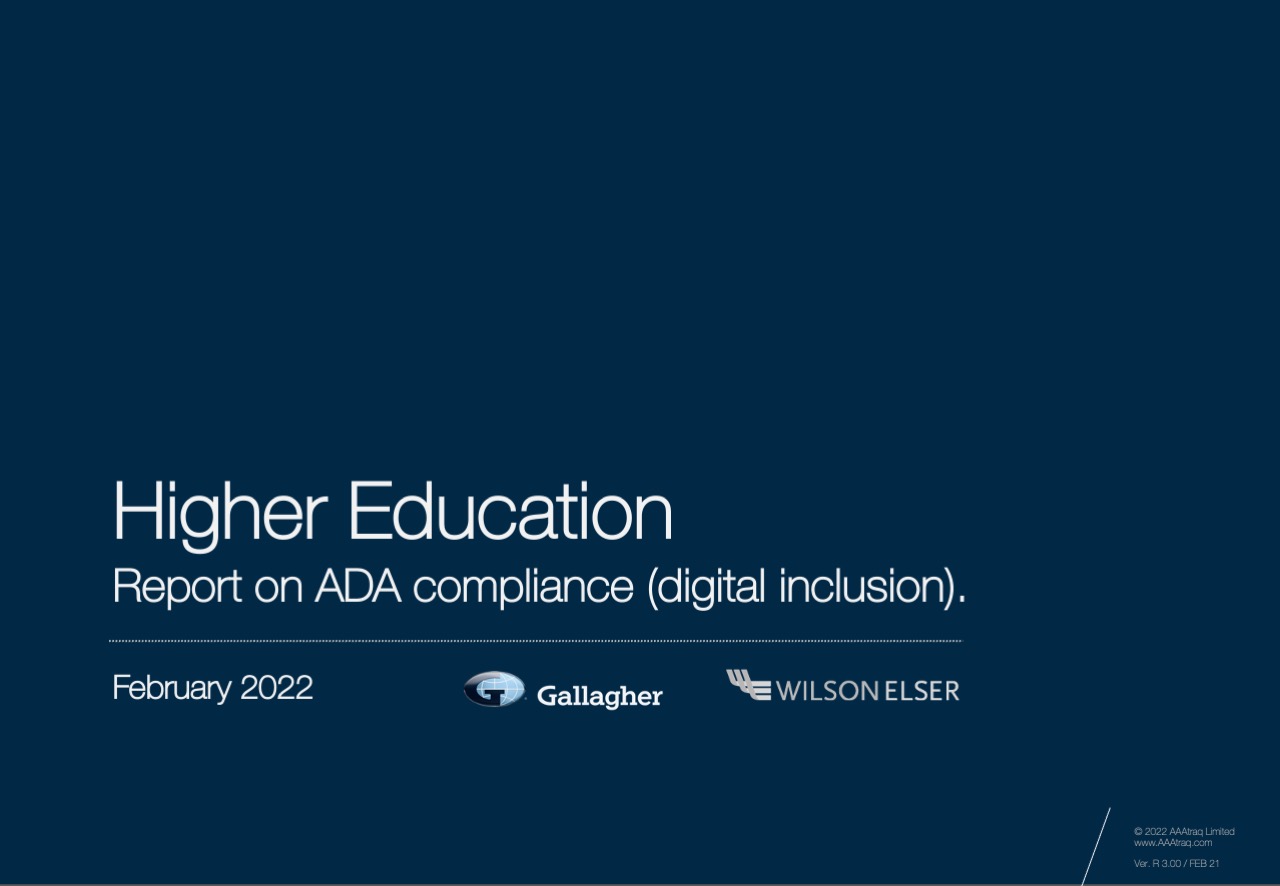 Report cover - graphic on blue background with the text 'Higher Education - Report on ADA compliance (digital inclusion). February 2022. Gallagher and Wilson Elser Logos