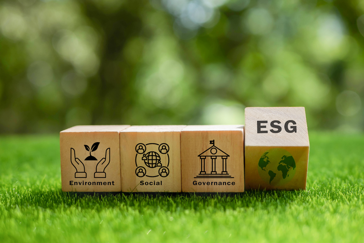 Image of four blocks on green background. Cubes say 'Environment,', 'Social',  'Governance' and 'ESG'.