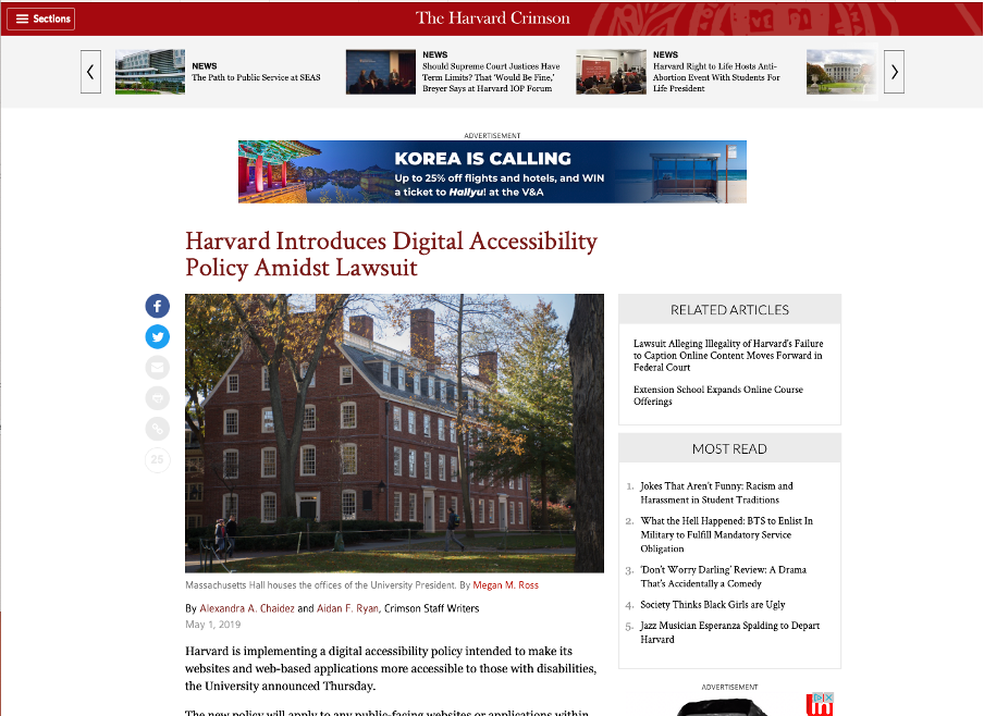 Screenshot of the article on the The Harvard Crimson
