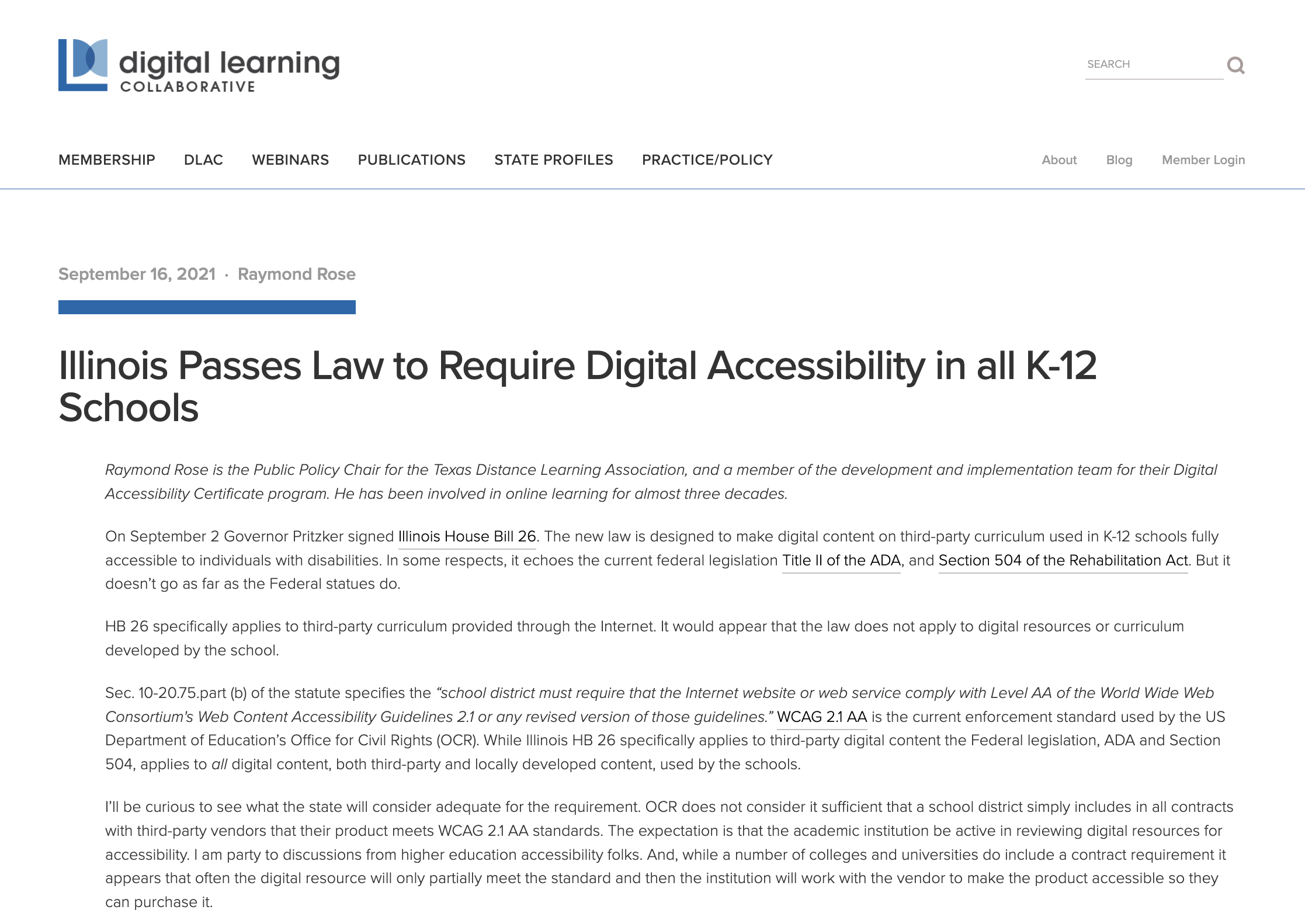 Article from The Digital Learning Collaborative titled 'Illinois Passes Law to Require Digital Accessibility in all K-12 Schools'