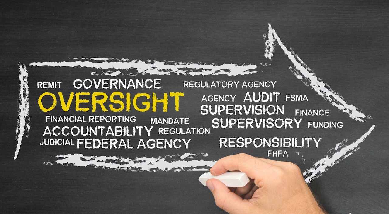 Black background with multiwords written in chalk style text: OVERSIGHT, GOVERNANCE, REMIT, REGULATORY AGENCY, AGENCY, AUDIT, FSMA, SUPERVISION, SUPERVISORY, FINANCE, FUNDING, RESPONSIBILITY, FHFA