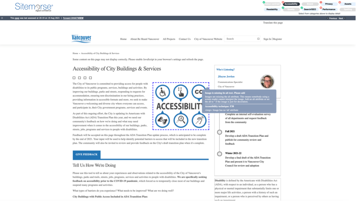 Figure 1. Image of the City of Vancouver webpage which is asking for feedback on the accessibility of the city's facilities,  showing issue with image missing it's alt text highlighted with blue box.