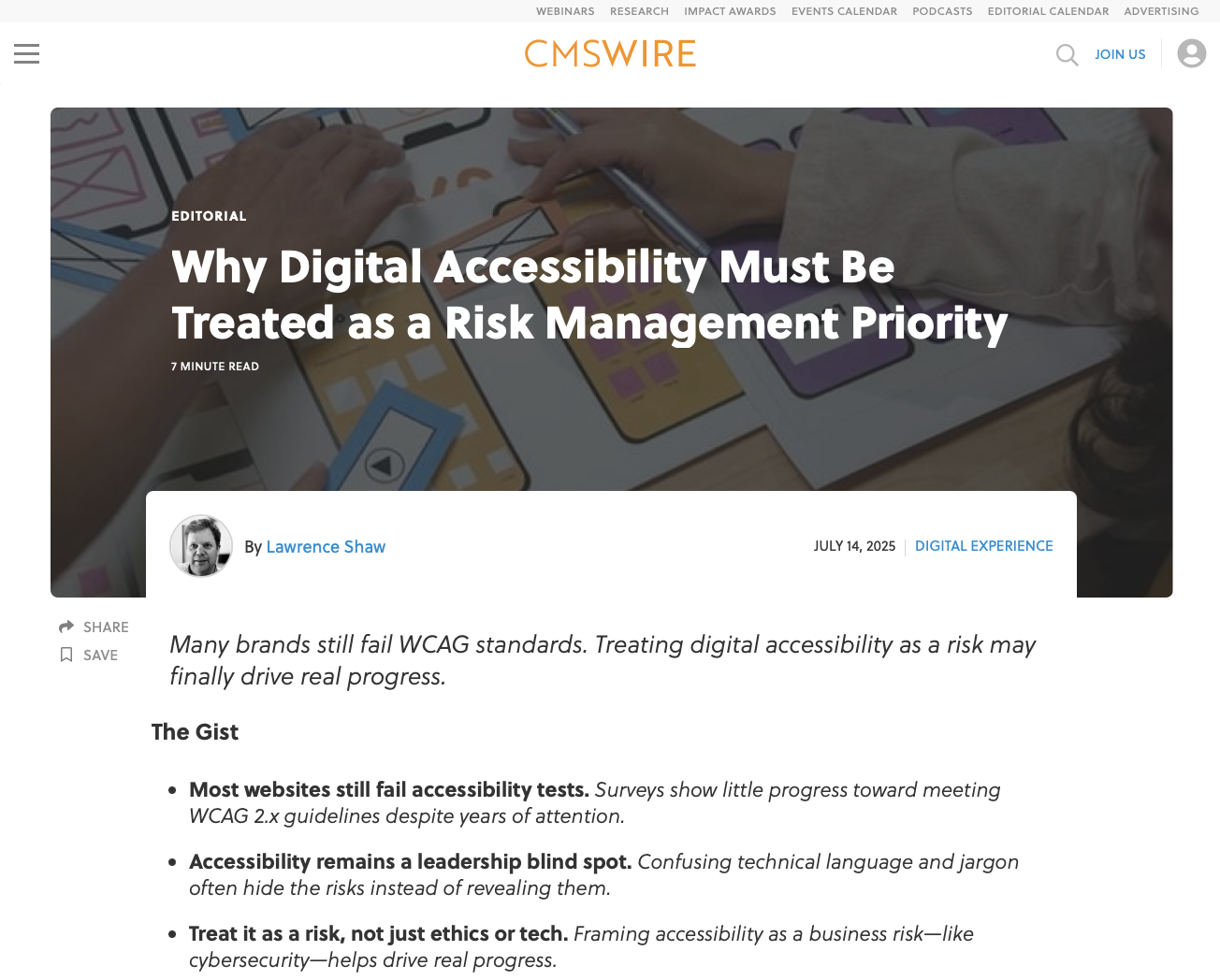 CMSWire article titled 'Why Digital Accessibility Must Be Treated as a Risk Management Priority' by Lawrence Shaw, published July 14, 2025