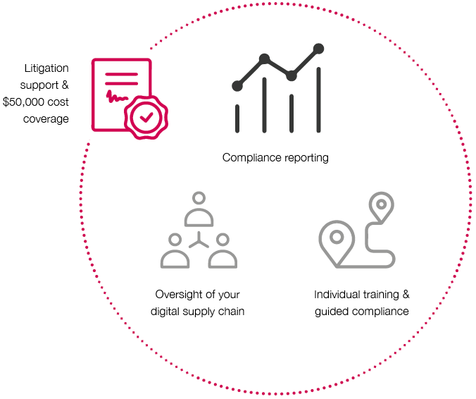 circular diagram showing categories of litigation support, oversight of your digital supply, individual training & guided compliance, and compliance reporting